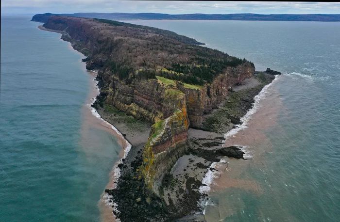 An aerial view of the coastline and cliffs beneath a clear sky, Kings County, Nova Scotia, Canada