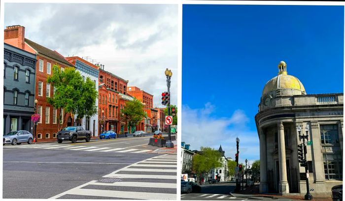 Photo collage. Left: Boutique shops lining Georgetown; Right: Stunning gold-domed bank in Georgetown