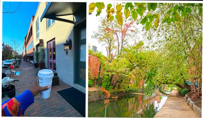 Left: A coffee from Baked and Wired, Georgetown; Right: Strolling along the C&O Canal