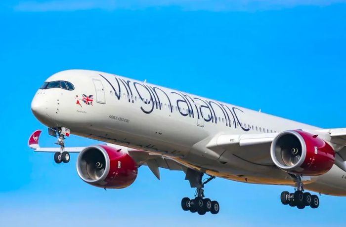 A Virgin Atlantic aircraft preparing for landing