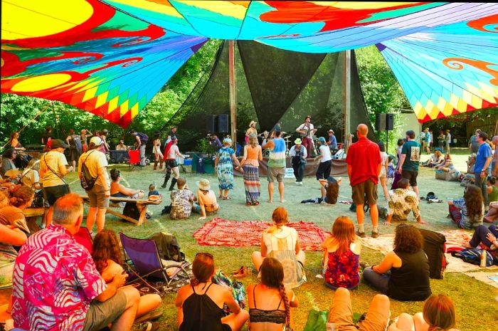 Families gather beneath a vibrant tie-dyed canopy, enjoying a musician’s performance on a sunny day