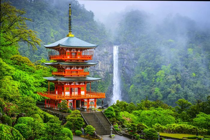 Seigantoji Pagoda and Nachi Falls in Nachi, Japan