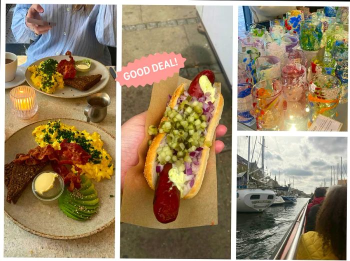 L-R: Avocado, bacon, and toast; a close-up of a hotdog; an array of colorful glassware; a scenic boat tour of Copenhagen.