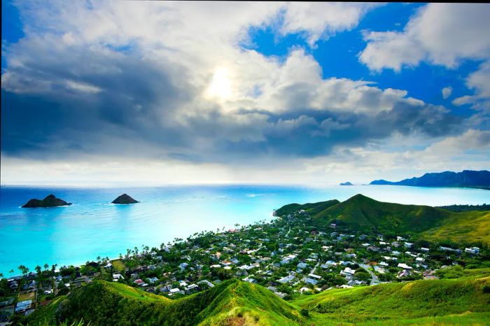 A coastal village embraced by lush green hills