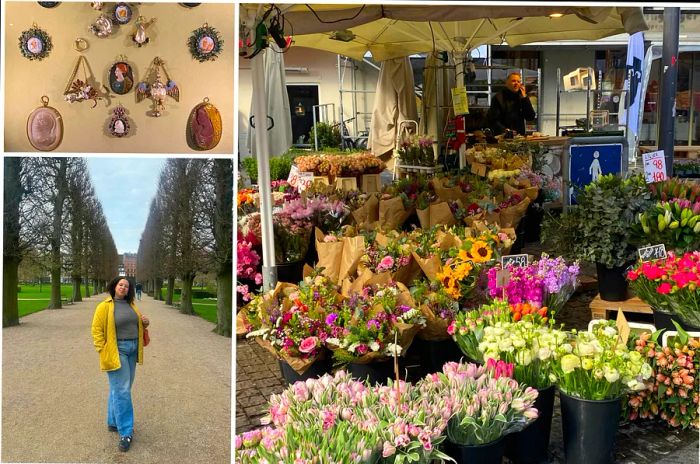 L-R: Brooches from Rosenborg Castle, a flower market, and Chamidae enjoying a photo op in the park.