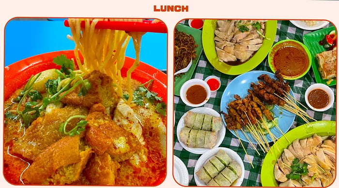 A dish of chicken curry served with noodles, accompanied by a table filled with various small plates.