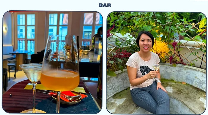 Two cocktails presented in glasses, with a woman smiling while enjoying her drink.