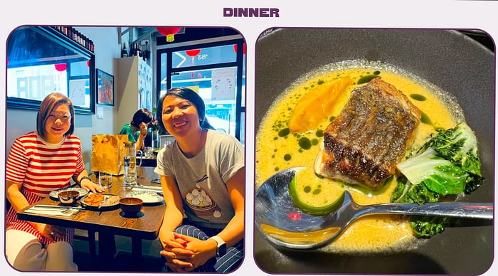 Left: Two diners at a restaurant table smile for the camera. Right: A piece of fish served in broth.