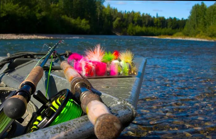 Casting a line for salmon from a boat in Alaska