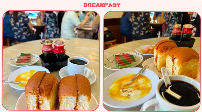 A table set with coffee, jam-filled buns, and an egg dish