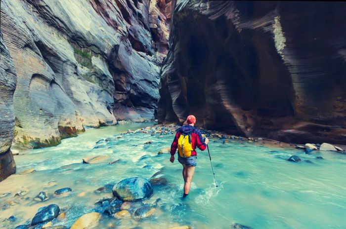 A hiker wades through the waters of the Narrows in Zion National Park.