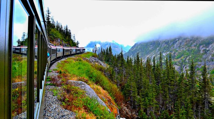 A picturesque view from the window of the White Pass & Yukon Route Railway