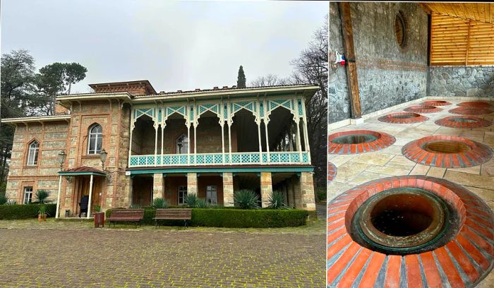 An impressive structure adorned with intricate window designs; a row of brick-lined fermentation pits for winemaking