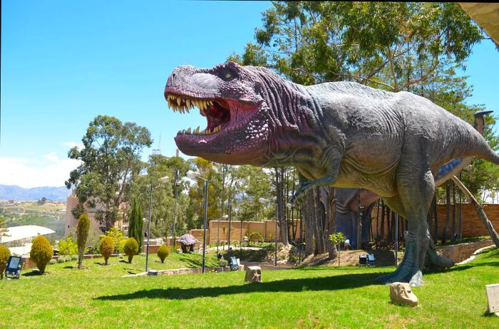 A gigantic dinosaur model lets out a roar