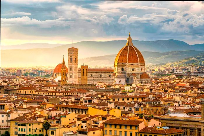 The striking red dome of a cathedral stands out against the skyline