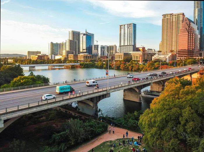 Aerial view of Austin, Texas, from the Congress Avenue Bridge adjacent to the Statesman Bat Observation Center...