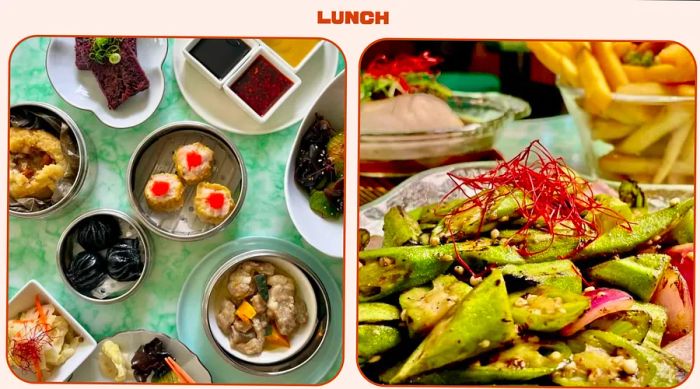 L: Aerial view of dim sum arranged on a table. R: Close-up of spiced okra