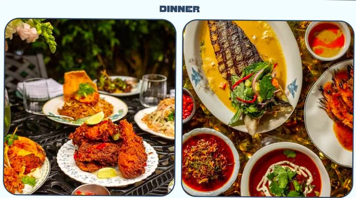 L: Dinner table showcasing dry-aged branzino. R: Plates of crispy fried chicken