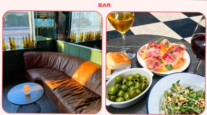 L: Inside Lolo Wine Bar LA with a leather couch overlooking an LA street. R: Plates featuring olives, melon, ham, and wine