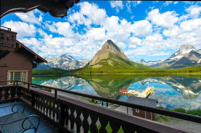 The breathtaking view from Many Glacier Hotel showcasing Glacier National Park