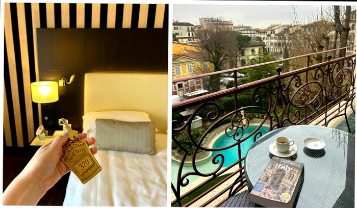 L: holding a hotel room key in front of the bed; R: A view of the hotel pool from a balcony