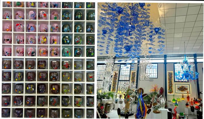 Right: a display of exquisite Murano glass cups; Left: a showcase of stunning glass chandeliers, flora, fauna, and more