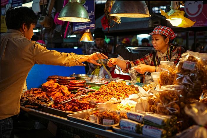 A woman at a food stall offers tongs to a customer, allowing him to choose his items