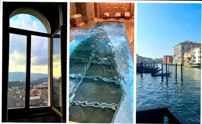 Left: A view of the town of Perugia through a window; Middle: a swimming pool with a glass floor overlooking ancient ruins; Right: a view of Venice's Grand Canal