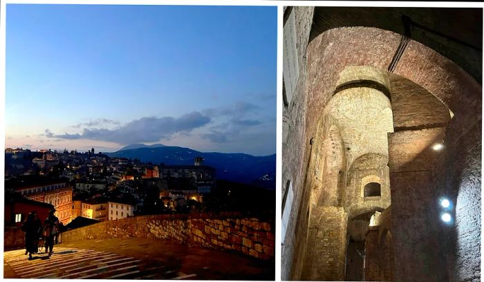 Left: The final moments of daylight over Perugia; Right: Gazing upward in an underground fortress