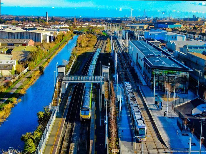 Aerial view of trains on tracks at a depot