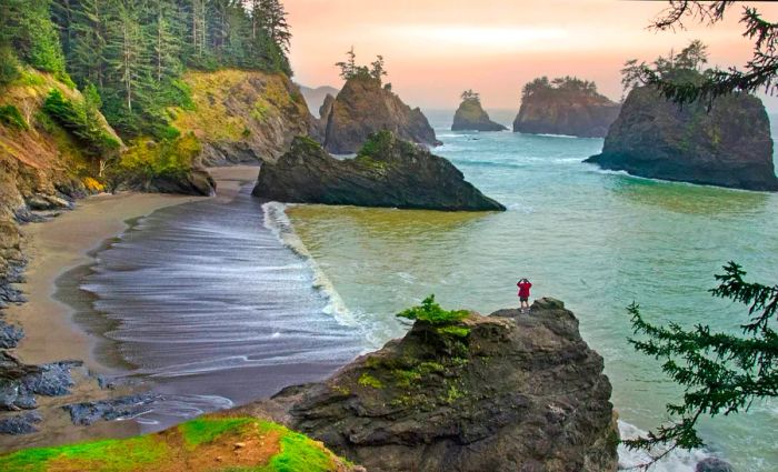 An individual captures the beauty of a beach and rocky formations in the ocean from a scenic outcrop.