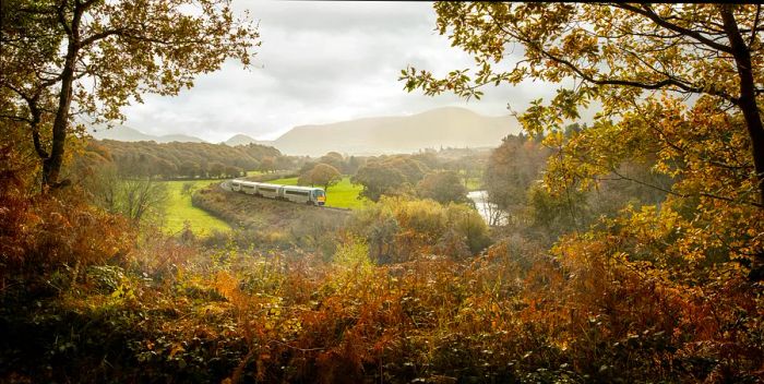 A train journeys through the picturesque autumn landscape.