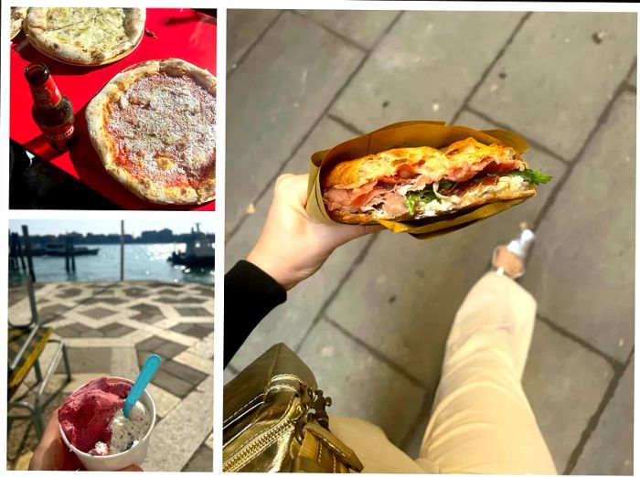 Top left: a delicious whole pizza alongside a beer; Bottom left: gelato with a picturesque canal view in Venice; Right: strolling with a tasty sandwich in hand