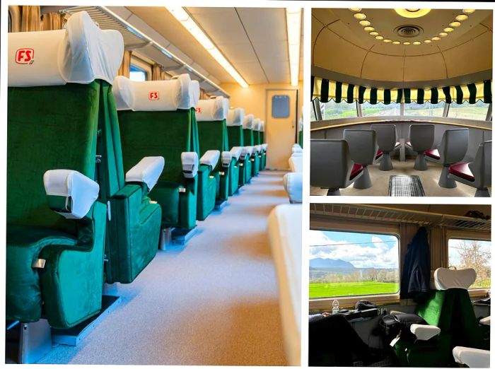 Left: A row of green velvet train seats; Top right: a retro, symmetrical observation cabin at the back of the train; Bottom right: a view of the mountains from the train window