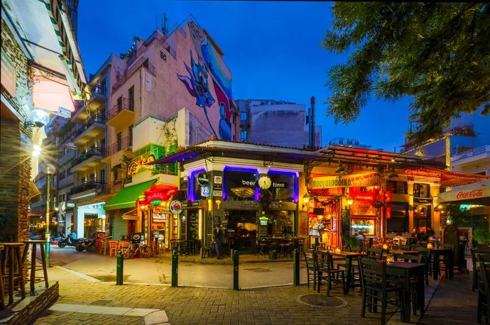 Bars and cafes dotting the Psirri neighborhood in central Athens, Greece.