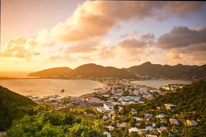 The cityscape of Philipsburg, Sint Maarten, Dutch Antilles, near the Great Salt Pond.