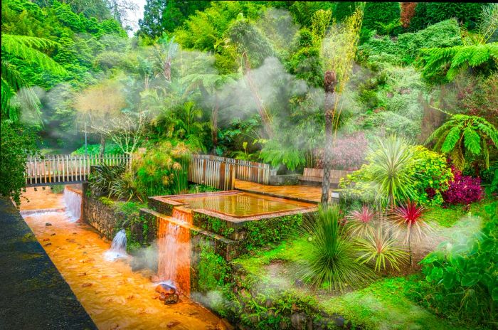 Soothing hot spring baths nestled in a vibrant landscape filled with tropical flora and steam rising from the geothermally heated waters.