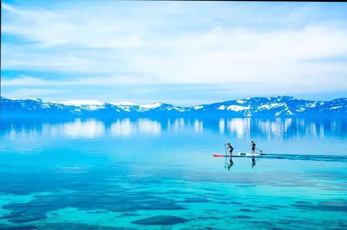 Paddleboarders glide across an alpine lake under the shining sun