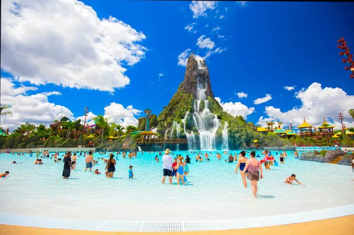 Families relishing the refreshing waters at Volcano Bay, a part of Universal Studios Florida.