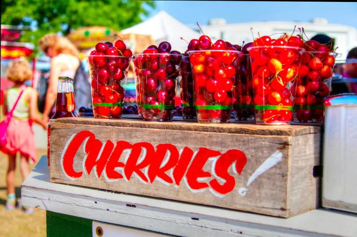 Baskets of fresh cherries available in Traverse City, Michigan, USA