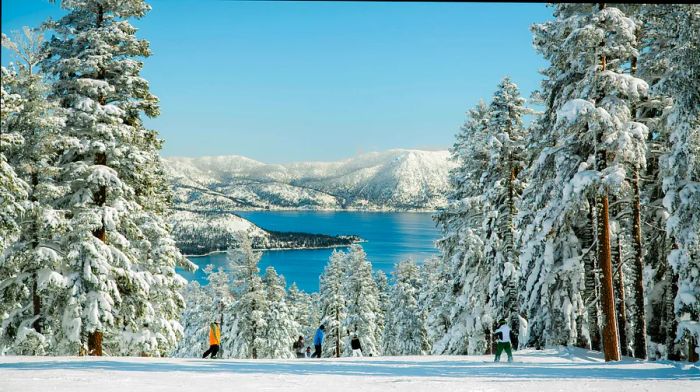 Skiers on a mountain peak overlooking Lake Tahoe on a snowy winter day, surrounded by trees blanketed in fresh snow.