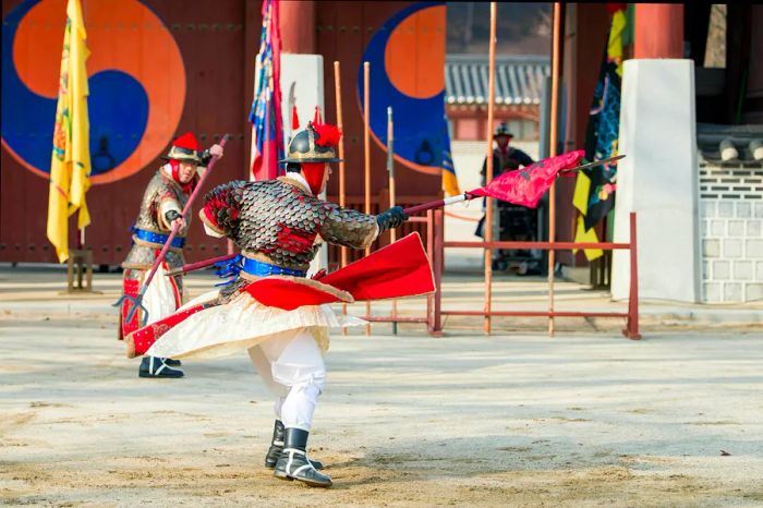 Korean soldier dressed in traditional Joseon dynasty attire at Hwaseong Haenggung square in Suwon