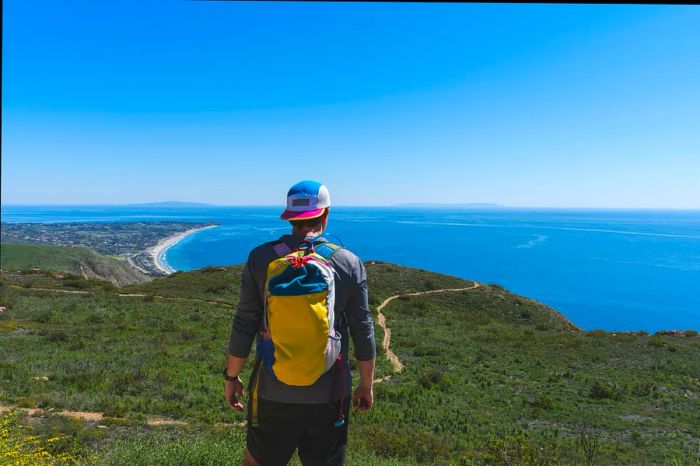 A hiker gazes at the Pacific Ocean from a summit in Charmlee Wilderness Park, Malibu, California, USA