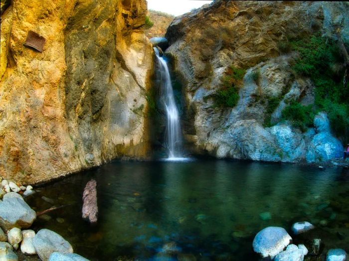 A wide-angle view of Eaton Canyon Falls in the San Gabriel Mountains.