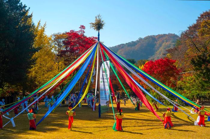 Participants engage in a traditional dance in a park, with colorful ribbons flowing from a tall pole at the center. Dressed in traditional hanbok, the dancers are spaced evenly around the pole, each holding a ribbon. The scene is framed by autumn trees displaying vibrant shades of red and yellow, beneath a clear blue sky. The festive atmosphere is elevated by the bright ribbons and traditional costumes, suggesting a larger cultural celebration.