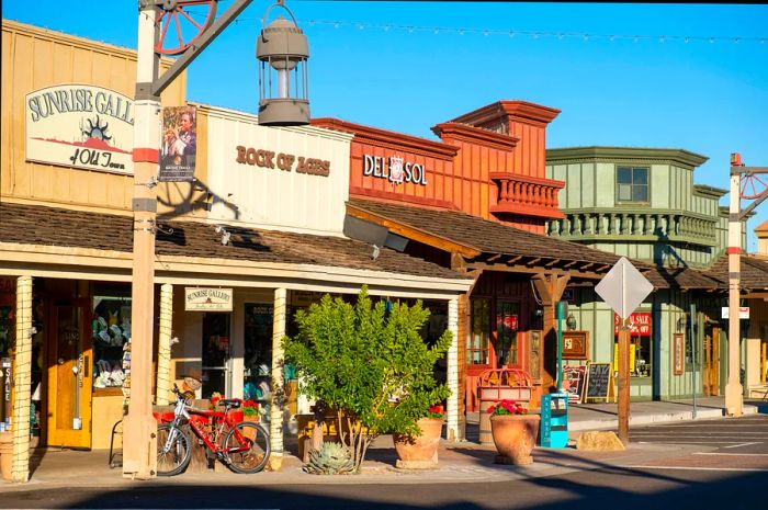 A collection of historic shops in Old Town Scottsdale, Scottsdale, Phoenix, Arizona, USA