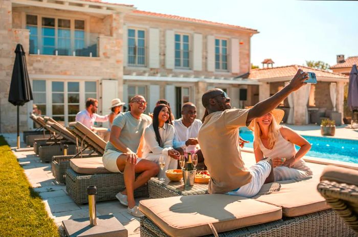 A group of friends posing for a photo by a villa and pool in Croatia