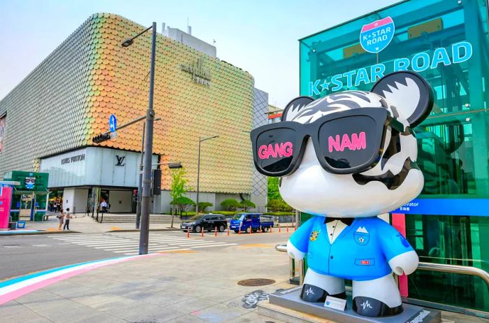 A GangnamDol bear sculpture on K-Star Road in Gangnam, Seoul, South Korea