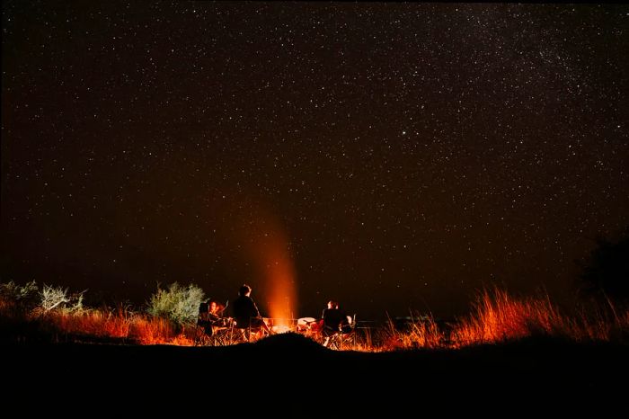 People gather around a campfire under a starry Botswana sky