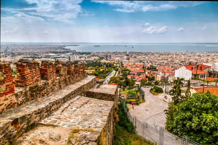 The view from the ancient castle walls and Trigonion Tower in Ano Poli (the old town) of Thessaloniki, Macedonia, Greece.